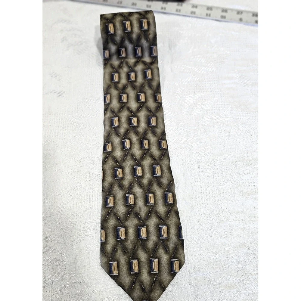 J.Z. Richards Nordstrom Mens Silk Tie Extra Long 63 Tan Blue Geometric USA